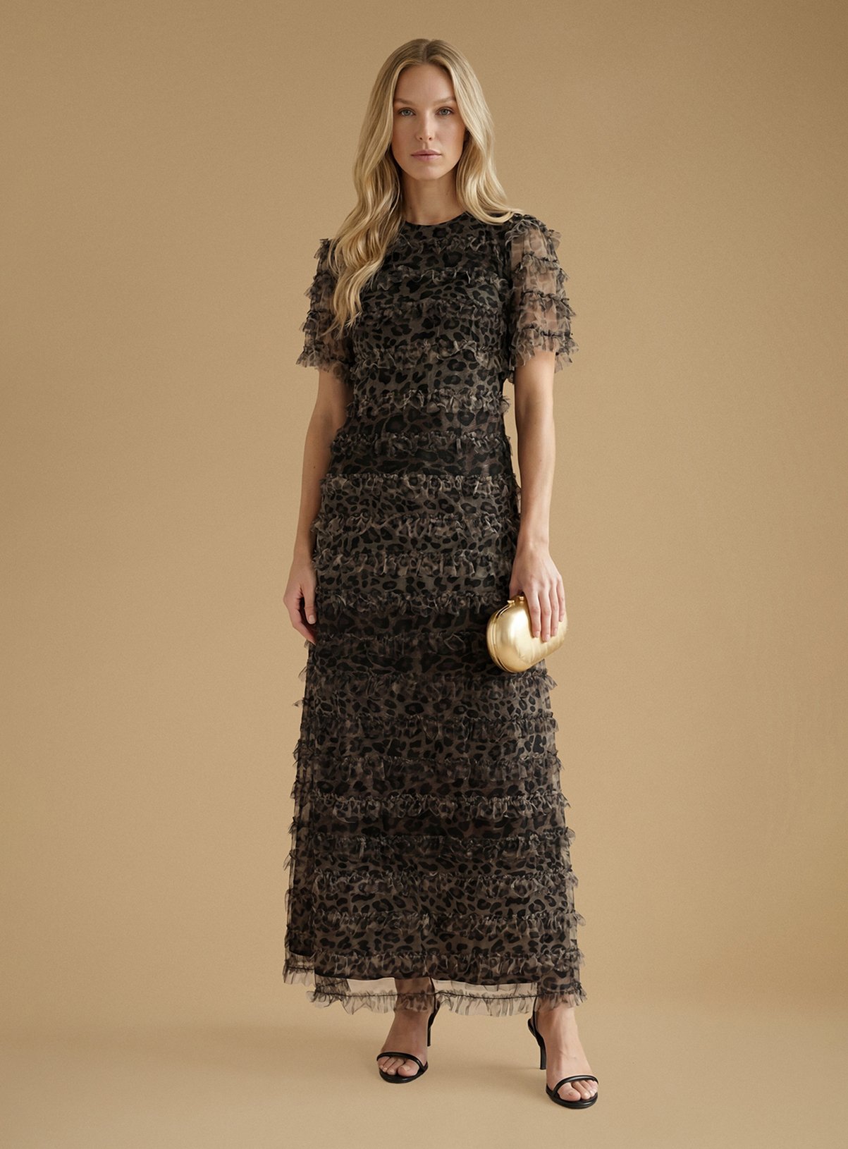 OASIS Leopard Print Ruffle Mesh Maxi Dress 14 - Image 1 thumbnail